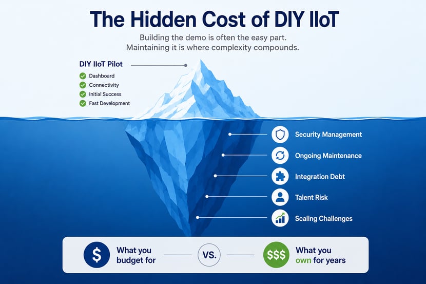 Iceberg graphic showing the visible success of a DIY IIoT pilot above the surface and the hidden long-term costs below, including security management, ongoing maintenance, integration debt, talent risk, and scaling challenges.