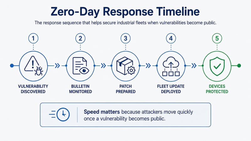 Infographic illustrating the 5-step Zero-Day Response Timeline for securing industrial fleets when vulnerabilities become public.